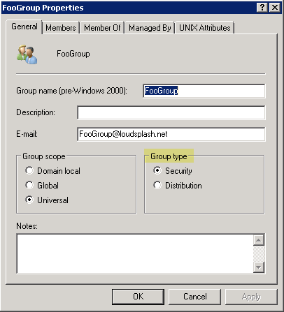 Screenshot: Changing group type in Active Directory Users & Computers