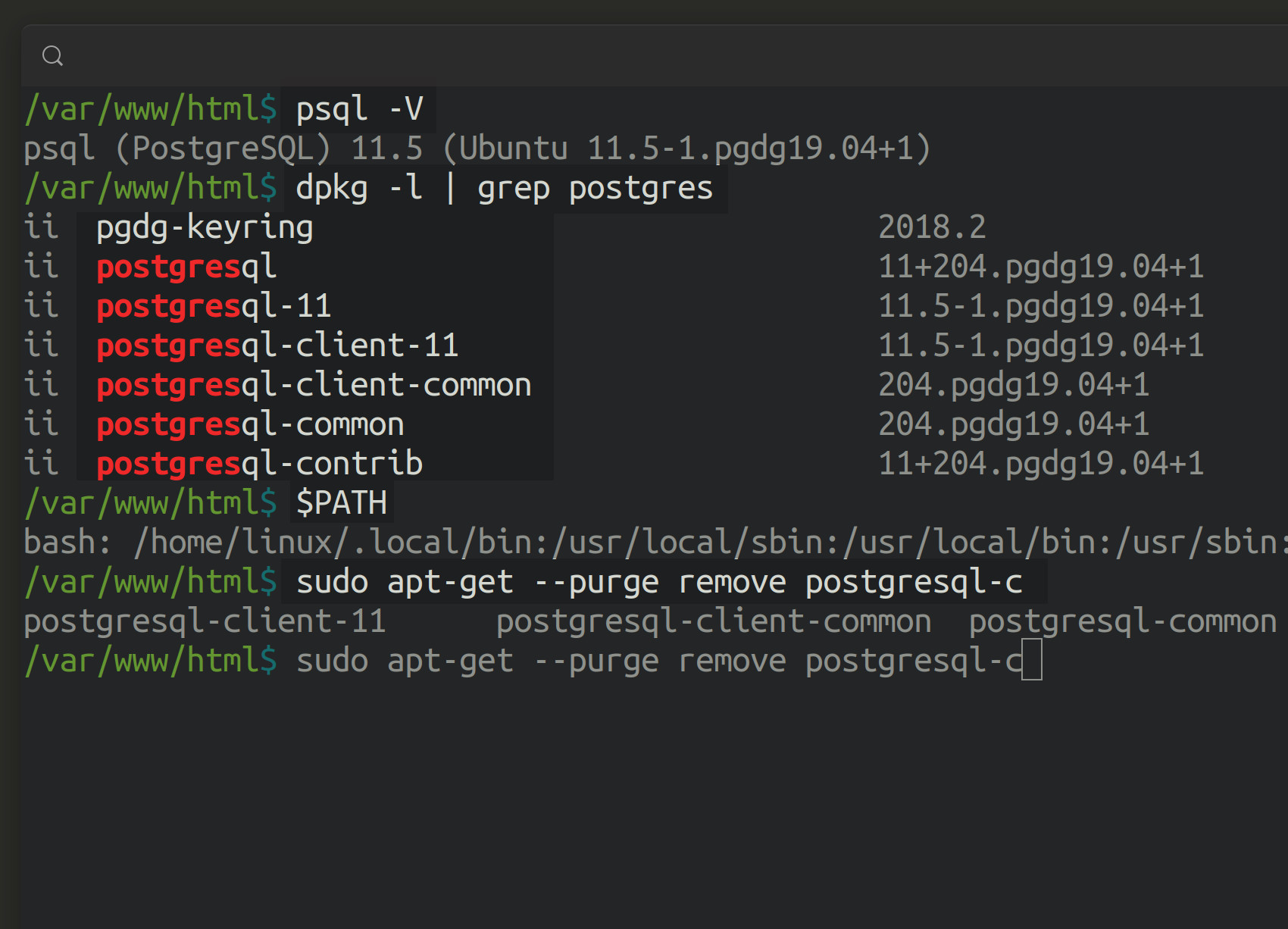 Screenshot of a Debian Ubuntu terminal uninstalling, removing, and purging postgresql