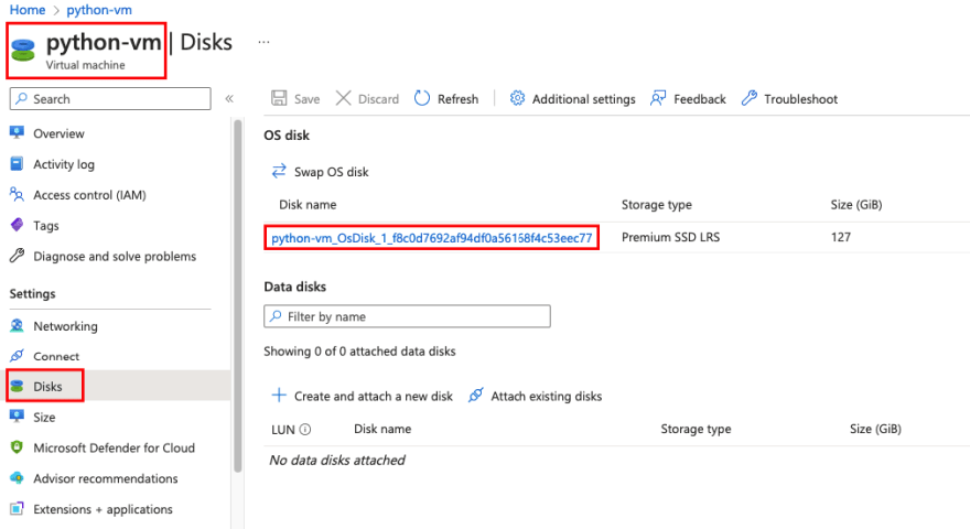 Selecting the Azure VM OS Disk