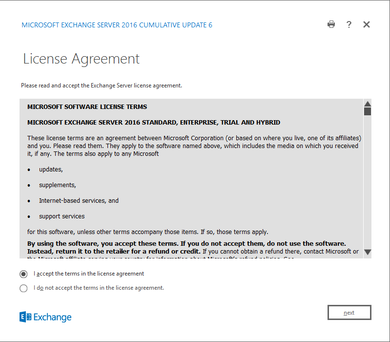Exchange Server 2016 Cumulative Update 6 license agreement