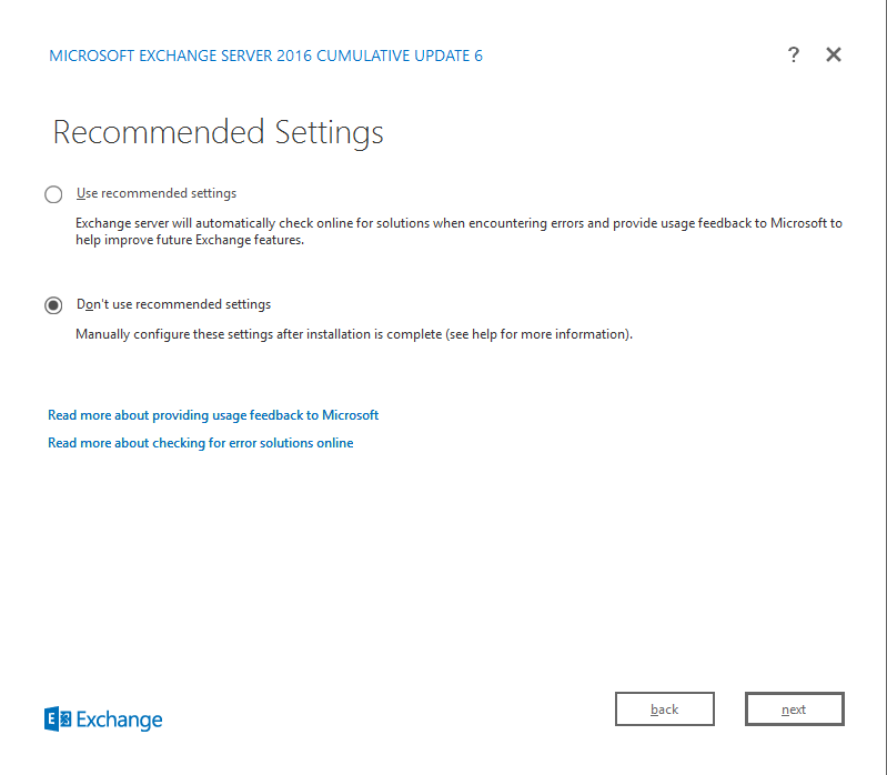 Exchange Server 2016 Cumulative Update 6 recommended settings