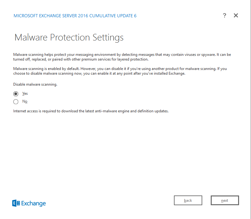 Exchange Server 2016 Cumulative Update 6 malware protection settings