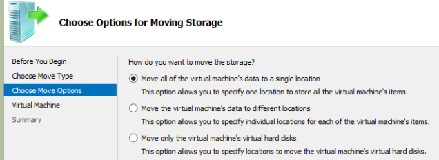 The top option is used to migrate to another Hyper-V host, use the bottom to move within the same host