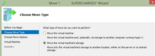 The top option is used to migrate to another Hyper-V host, use the bottom to move within the same host