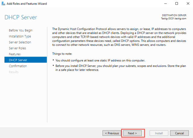 DHCP Server page