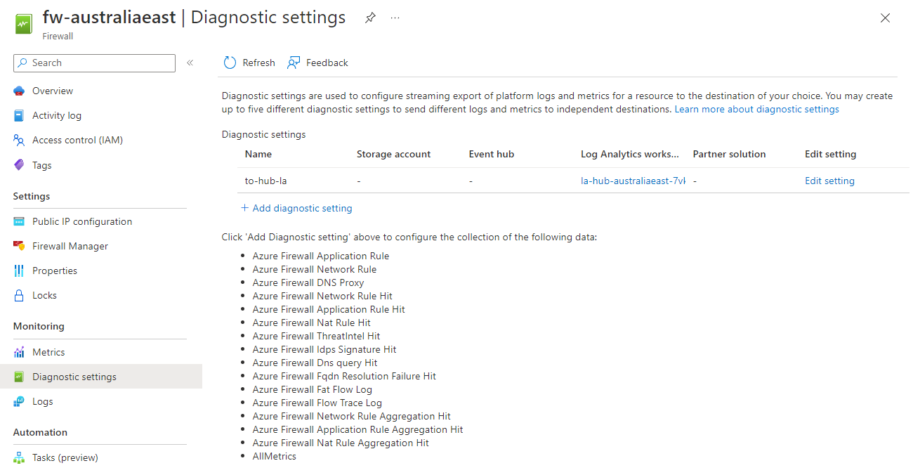 Azure Firewall - Diagnostic Settings